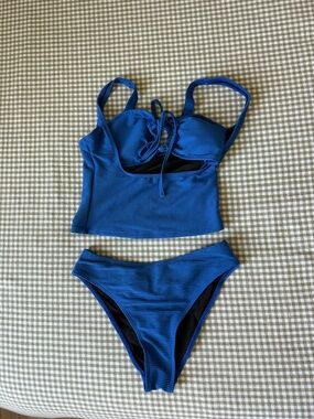Blue Ribbed High-Waist Bikini Set - Women Swim Bikinis